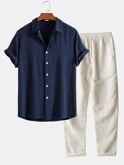 Casual Short Sleeve Shirt and Pants Set for Men