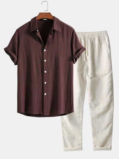Casual Short Sleeve Shirt and Pants Set for Men