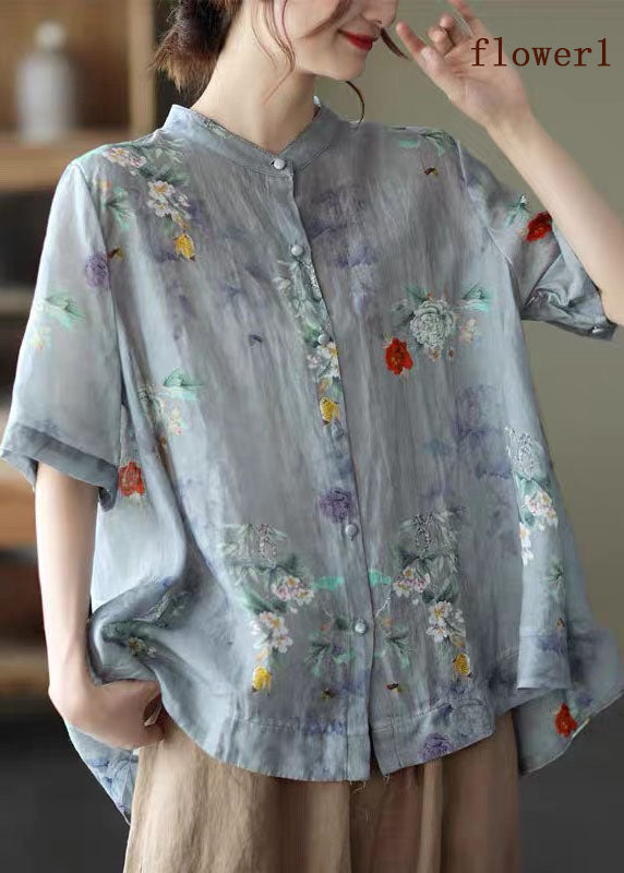 Linnen Print Blouse met Stand Kraag voor Dames