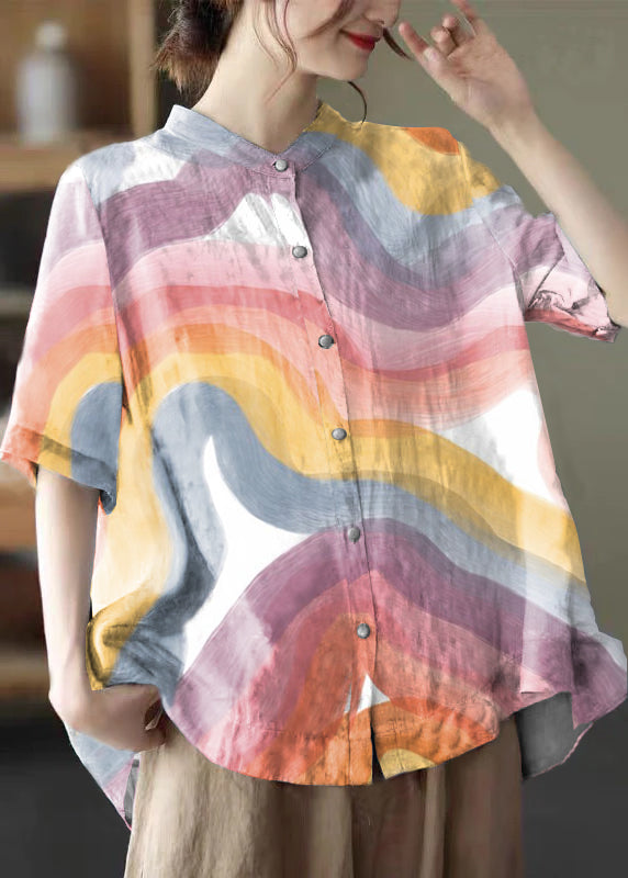 Linnen Print Blouse met Stand Kraag voor Dames