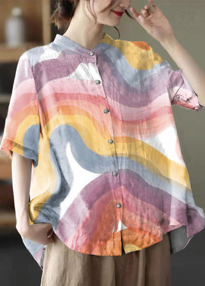 Linnen Print Blouse met Stand Kraag voor Dames