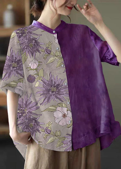 Linnen Print Blouse met Stand Kraag voor Dames