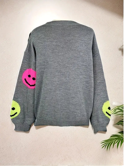 Cala - Knusse Crew Neck Glimlachgezicht Patroon Drop Shoulder Trui - Huis Van Stijl