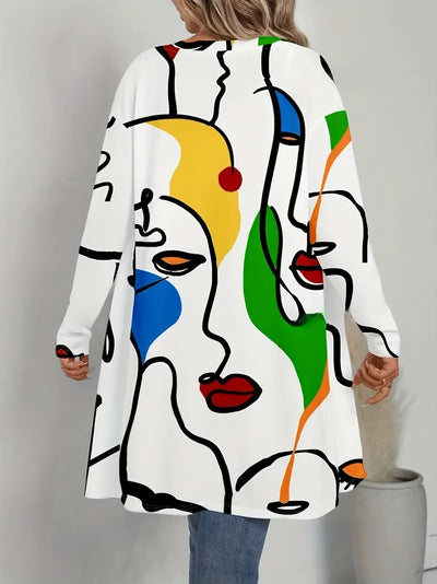 Jerso - Open Front Halflang Jasje met levendige abstracte print - Huis Van Stijl