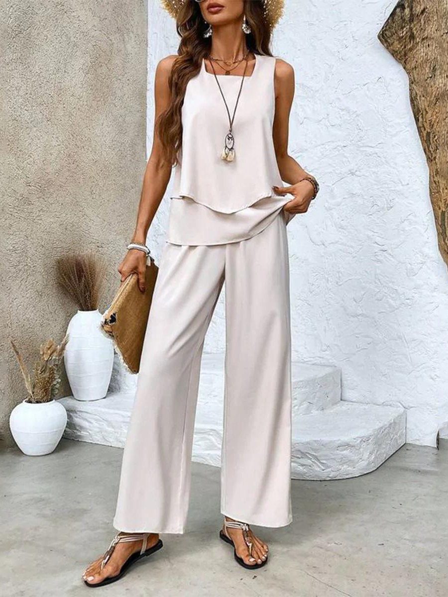 Chic Mouwloze Top en Wijde Broek Set voor Dames