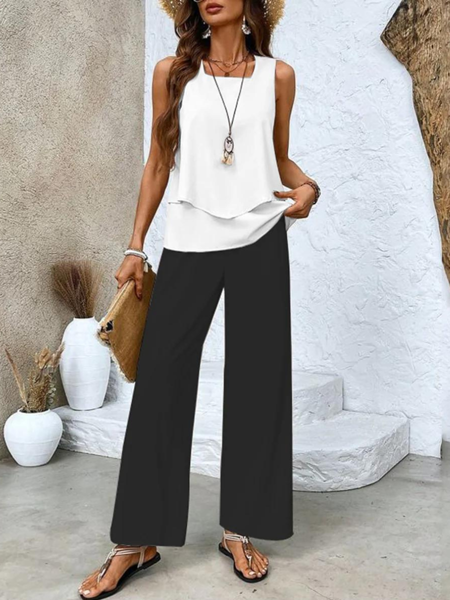 Chic Mouwloze Top en Wijde Broek Set voor Dames