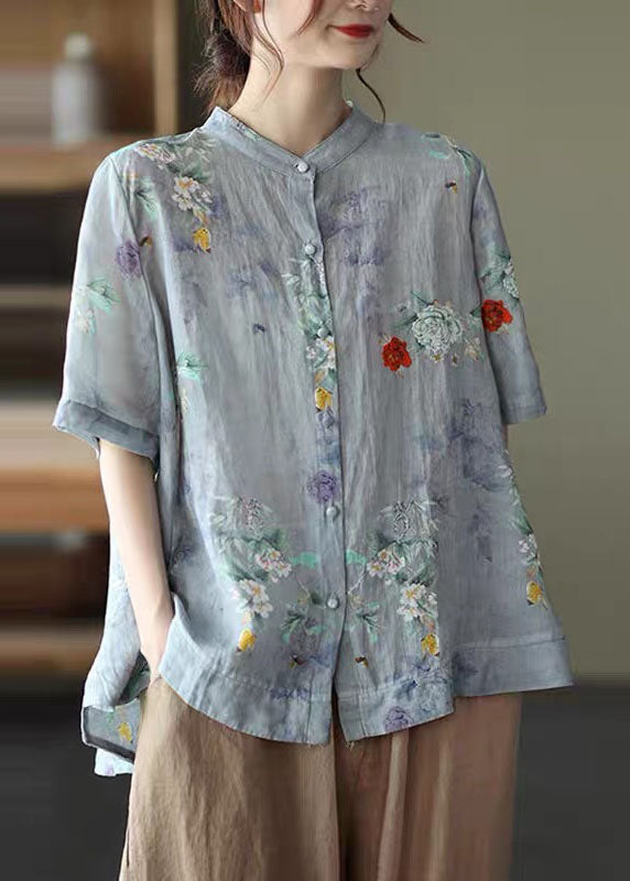 Linnen Print Blouse met Stand Kraag voor Dames