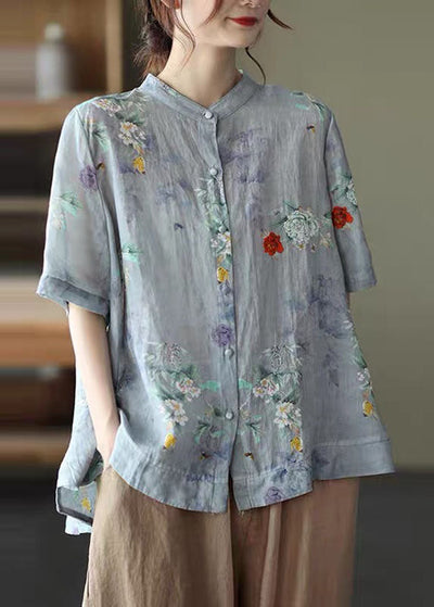 Linnen Print Blouse met Stand Kraag voor Dames