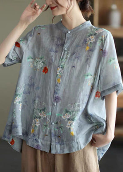 Linnen Print Blouse met Stand Kraag voor Dames