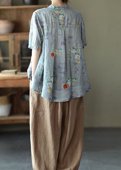 Linnen Print Blouse met Stand Kraag voor Dames