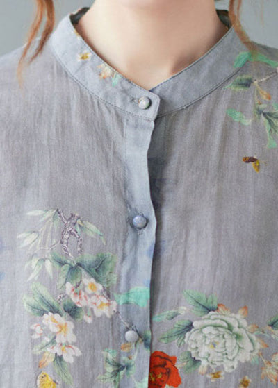 Linnen Print Blouse met Stand Kraag voor Dames