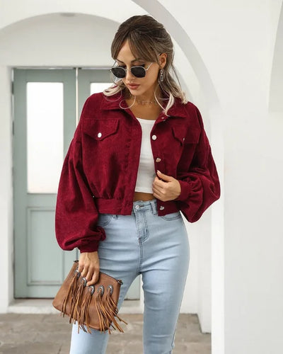 Tonie - Dames Corduroy Cropped Bomber Jacket met Lantaarnmouwen