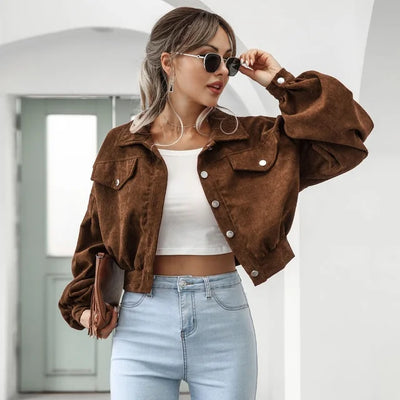Tonie - Dames Corduroy Cropped Bomber Jacket met Lantaarnmouwen