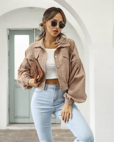 Tonie - Dames Corduroy Cropped Bomber Jacket met Lantaarnmouwen