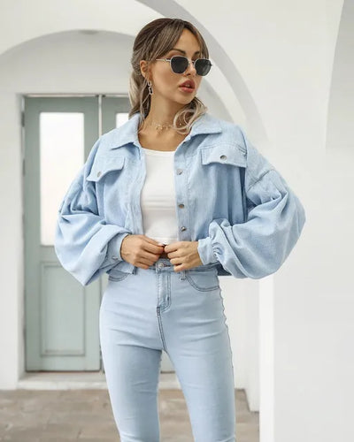 Tonie - Dames Corduroy Cropped Bomber Jacket met Lantaarnmouwen