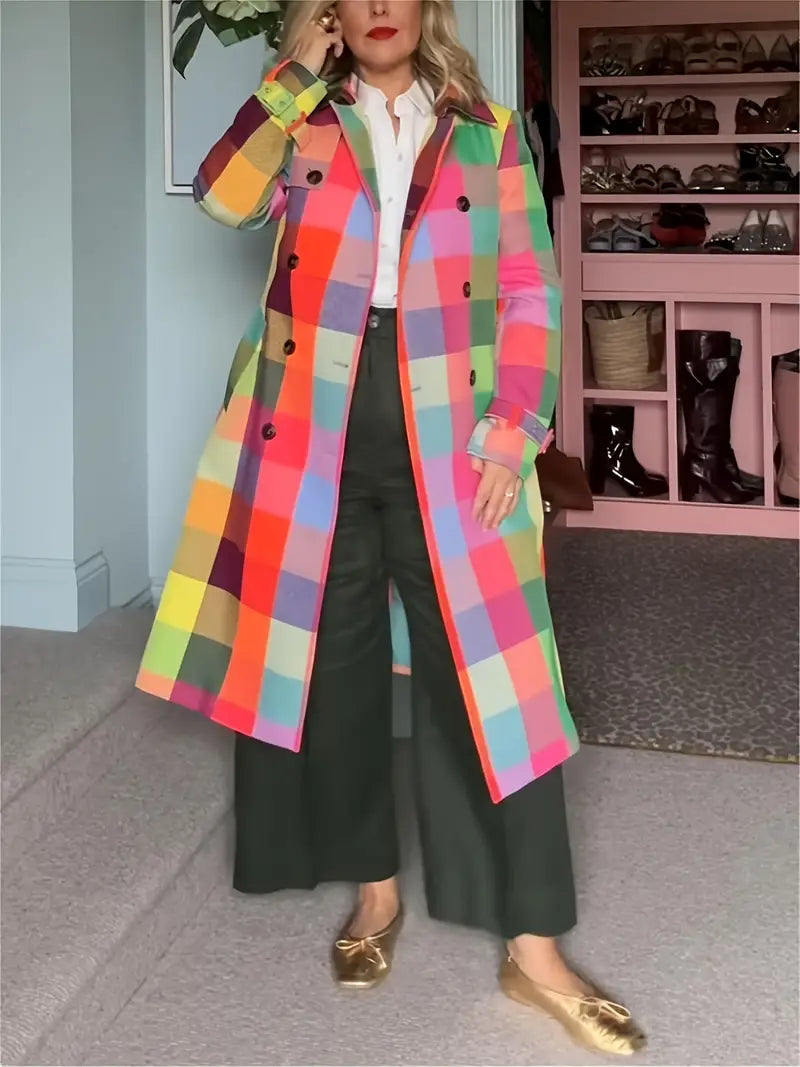 Quin - Stijlvolle Rainbow Plaid Trench Coat met dubbele rij knopen