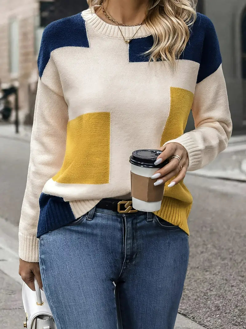 Jada -Stylish Color Block Crew Neck Pullover Sweater