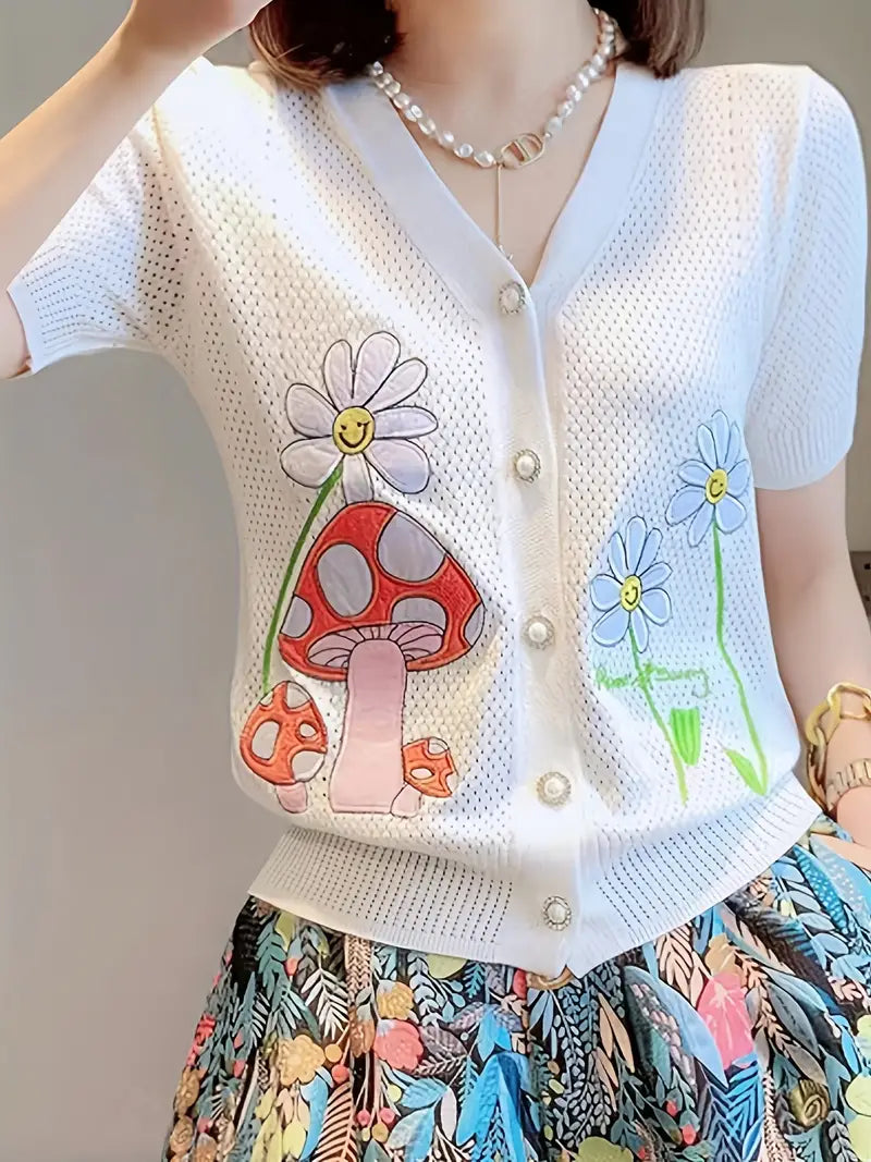 Mersie-Vest met bloemen- en paddestoelmotief V-hals