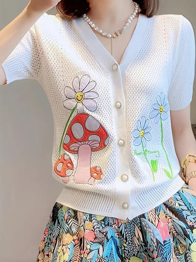 Mersie-Vest met bloemen- en paddestoelmotief V-hals