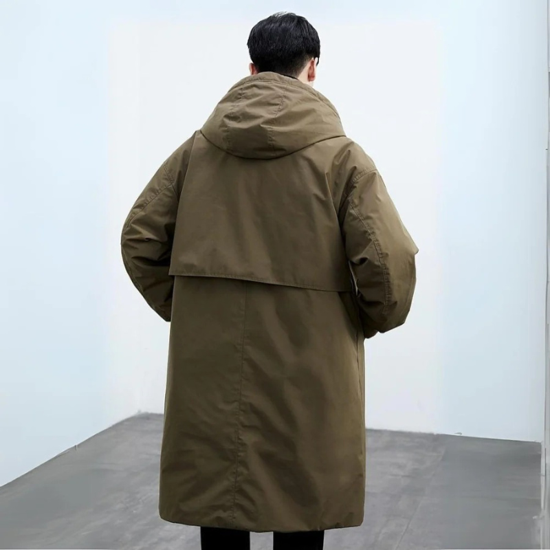 Moderne Lange Puffer Trenchcoat met Capuchon voor Heren