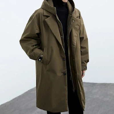 Moderne Lange Puffer Trenchcoat met Capuchon voor Heren