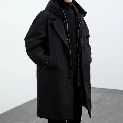 Moderne Lange Puffer Trenchcoat met Capuchon voor Heren