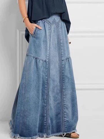 Rosaline-Lange Denim Rok met Elastische Taille