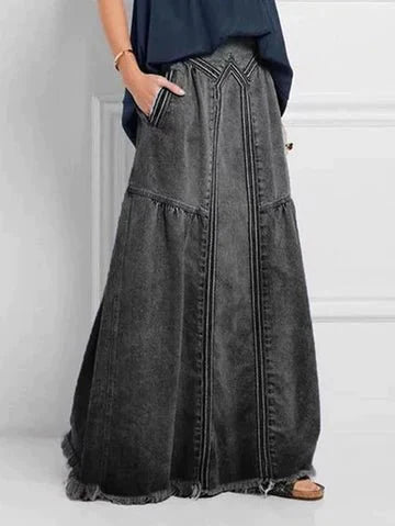 Rosaline-Lange Denim Rok met Elastische Taille