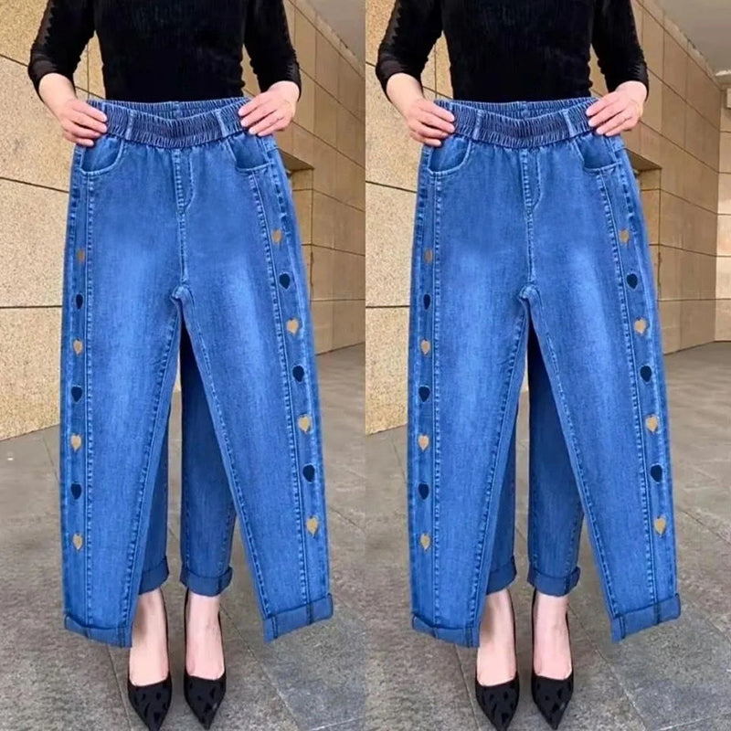 Attractieve High-Waist Jeans met Harten Borduursel voor Vrouwen