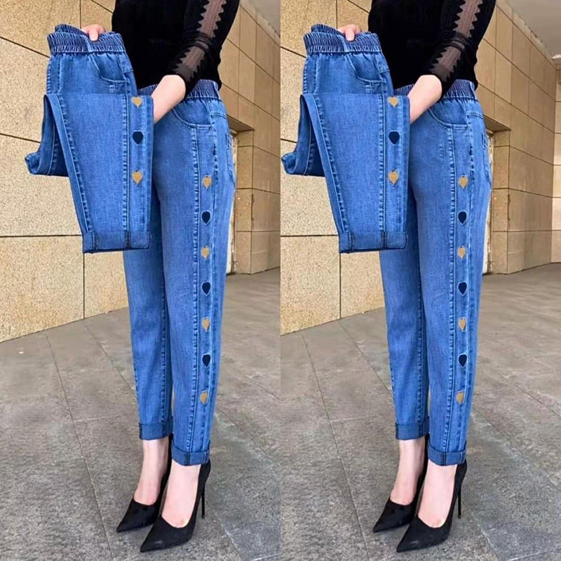 Attractieve High-Waist Jeans met Harten Borduursel voor Vrouwen