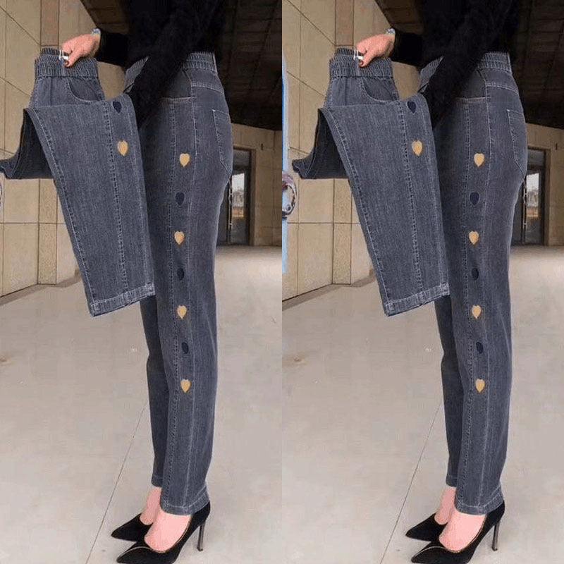 Attractieve High-Waist Jeans met Harten Borduursel voor Vrouwen