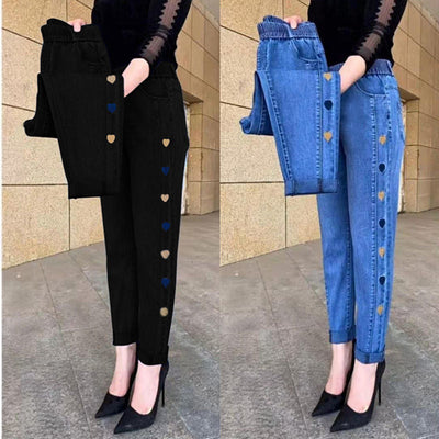 Attractieve High-Waist Jeans met Harten Borduursel voor Vrouwen