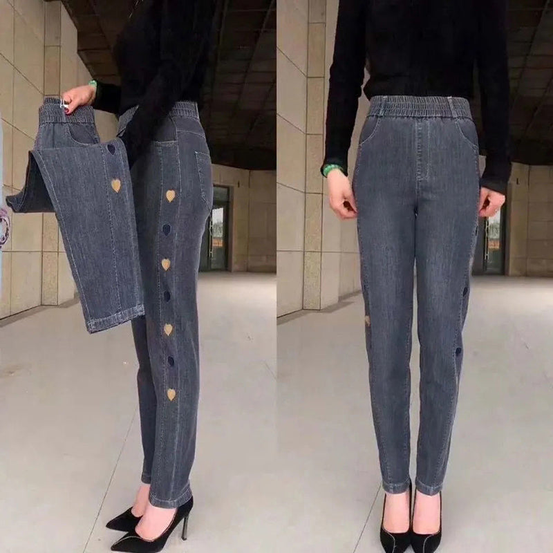 Attractieve High-Waist Jeans met Harten Borduursel voor Vrouwen