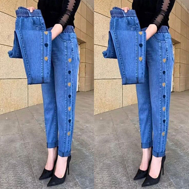 Attractieve High-Waist Jeans met Harten Borduursel voor Vrouwen