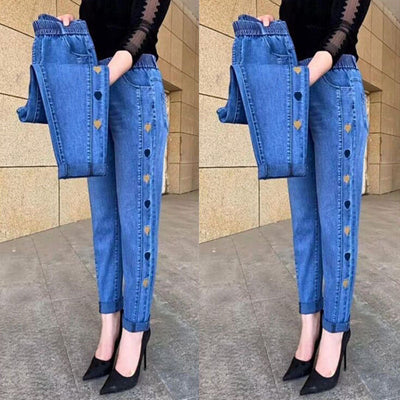 Attractieve High-Waist Jeans met Harten Borduursel voor Vrouwen