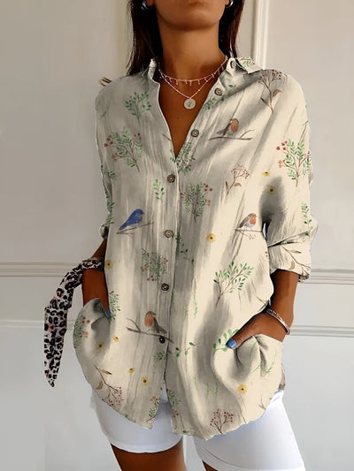 Casual Drukknoop Blouse met 3D Bloemenprint voor Dames