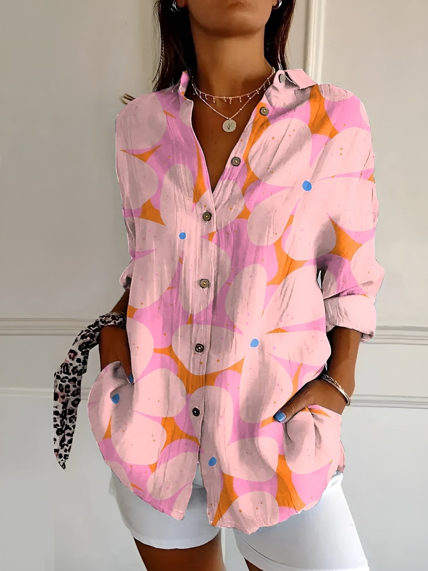 Casual Drukknoop Blouse met 3D Bloemenprint voor Dames