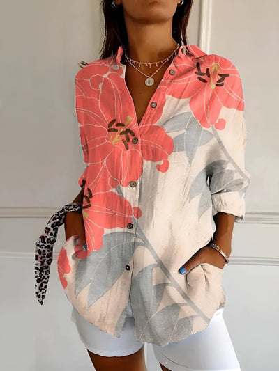 Casual Drukknoop Blouse met 3D Bloemenprint voor Dames